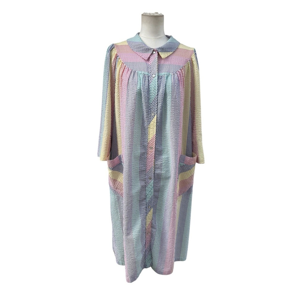Vintage Saybury Coffee Coats Rainbow Seersucker House Dress Robe MuuMuu Snap M